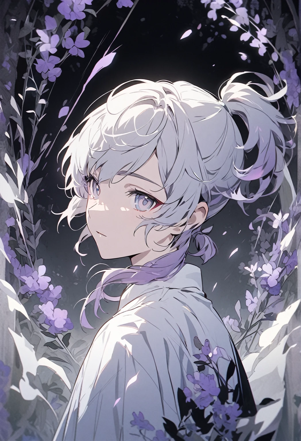 Create a soft, anime-style portrait of a boy with a calm, ethereal appearance. The character has short ponytail lavender-gray hair (hex color #F7F3FF) framing a delicate, rounded V-shaped face. The eyes are large and round, with a light pastel lavender-gray iris (hex color #F7F5FF), giving a gentle and mystical appearance. Surround the eyes with a very thin, subtle eyeliner to enhance the shape without being dramatic. The eyelashes are soft and pale (hex color #EAE7E5), with short, delicate lines on the upper lid for a natural look. The character's eyebrows are thin, soft, and slightly arched, matching the calm expression. The nose is minimalistic, with a small shadow to suggest shape, and the mouth is a simple line, neutral in expression. The skin tone is very pale and smooth, with faint shading around the chin and nose. The character wears a small, subtle earring in each ear, adding a touch of style. Use soft lighting and a muted color palette to create a serene, slightly otherworldly vibe. The background should be a simple, soft gradient that complements the light, monochromatic theme, enhancing the character's angelic aura.