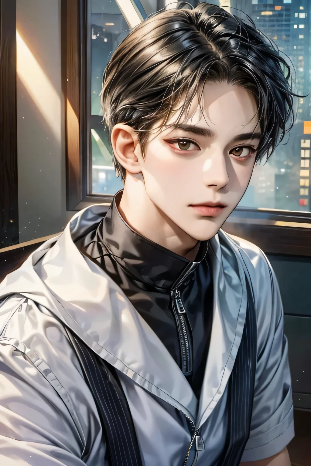 masterpiece, best quality, Detailed Eyes, high quaility, 1 male, male, 1 boy, gentle, soft, handsome, tall, black hair, yellow eyes, have a broad shoulders, One person, a hadsome man, Korean man, cool man, ((현진이랑 얼굴 비슷함))、 undercut, ((짧은 머리)), skinny, ((블랙 수트를 입고 있어)), ((하얀색 배경))