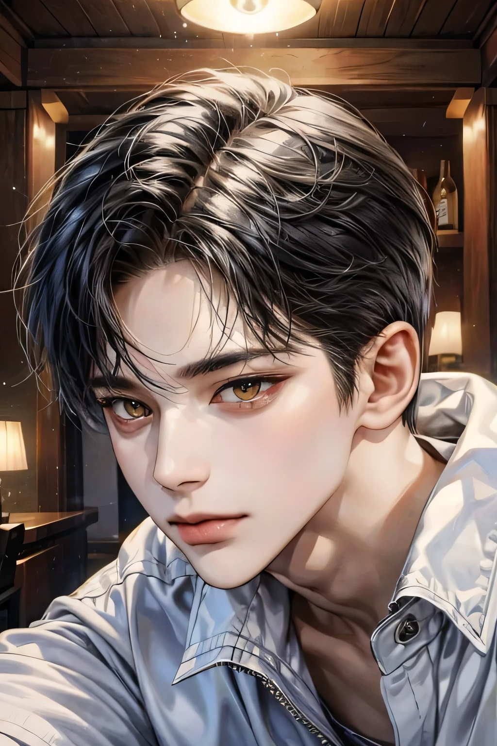 masterpiece, best quality, Detailed Eyes, high quaility, 1 male, male, 1 boy, gentle, soft, handsome, tall, black hair, yellow eyes, have a broad shoulders, One person, a hadsome man, Korean man, cool man, ((현진이랑 얼굴 비슷함))、 undercut, ((짧은 머리)), skinny, ((블랙 수트를 입고 있어)), ((하얀색 배경))