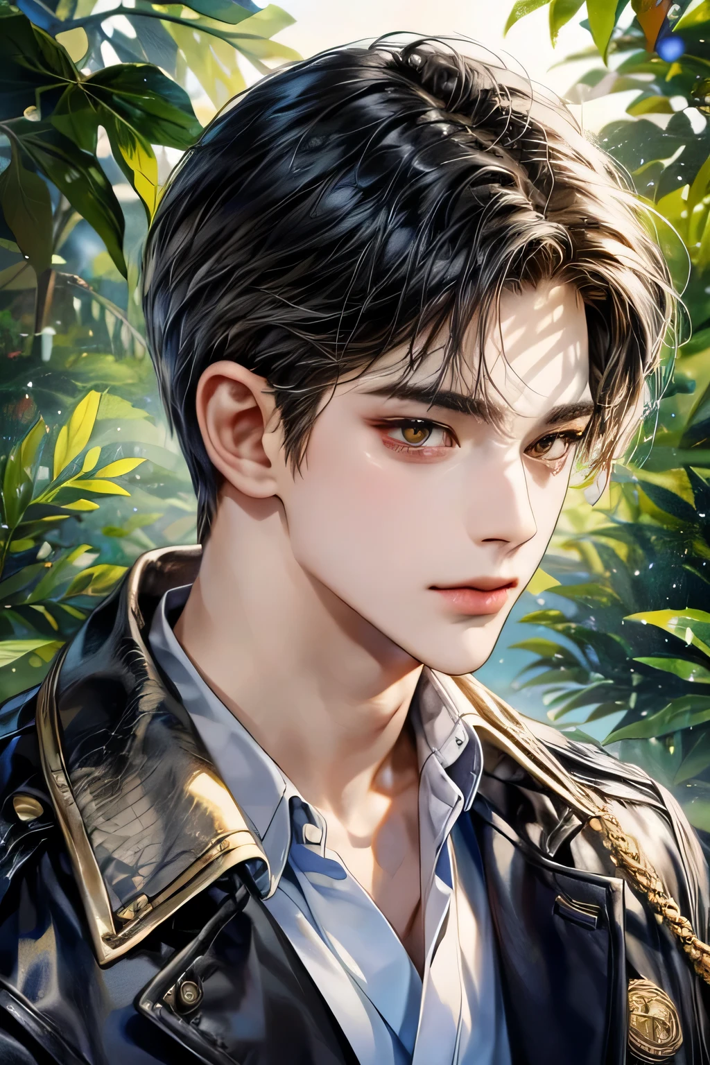 masterpiece, best quality, Detailed Eyes, high quaility, 1 male, male, 1 boy, gentle, soft, handsome, tall, black hair, yellow eyes, have a broad shoulders, One person, a hadsome man, Korean man, cool man, ((현진이랑 얼굴 비슷함))、 undercut, ((짧은 머리)), skinny, ((블랙 수트를 입고 있어)), ((하얀색 배경))