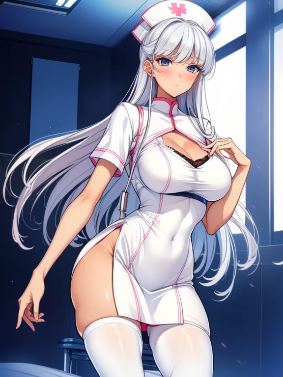 top-quality、Full limbs、complete fingers、1 beautiful woman,(ideal ratio body proportions:1.5), beautiful detailed face, perfect feminine face,mole under eye、sweat、Slender beauty、straight haired、silver hair、((white mini skirt Nurse Uniform))、(coverd nipples:0.9)、very skinny、cleavage、 nurse hat、White pantyhose、hospitals、Hospital Room、on Patient bed、used condom、vulgarity、spoken heart、(tan:1.5)、