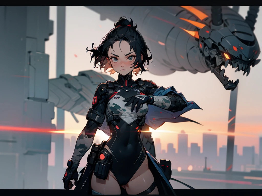 high quality, detailed, White urban camouflage leotard, grinning, frowning, girl, (forehead), (very short hair), black tights, soft lighting, standing, samurai sword, cyber punk, character sheet,