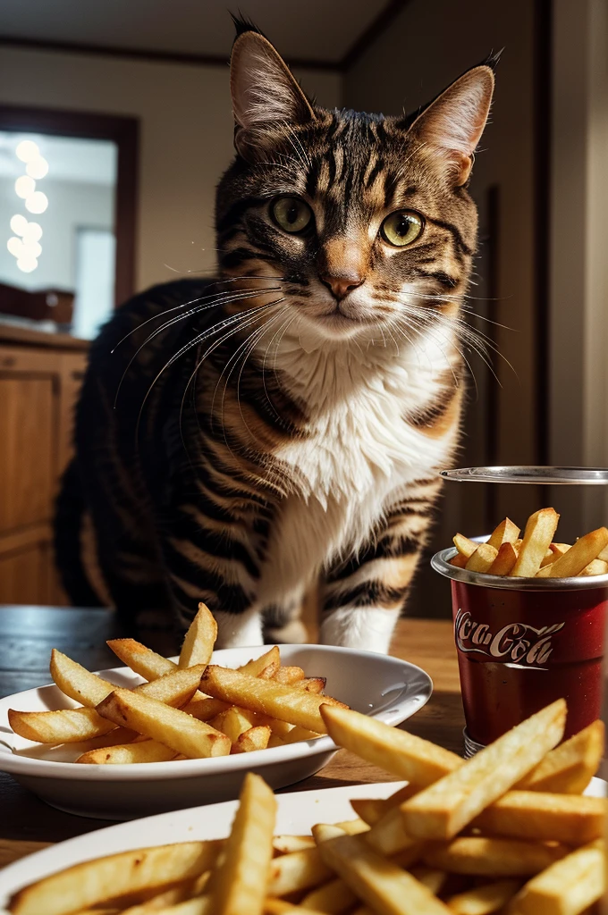 A cat eating ribs, french fries and Coca-Cola, detailed feline features, beautiful fur texture, detailed whiskers, detailed eyes, detailed face, highly detailed, realistic, photorealistic, 4k, 8k, high resolution, masterpiece, ultra-detailed, vivid colors, dynamic lighting, natural shadows, intricate details, clean lines, sharp focus, professional quality