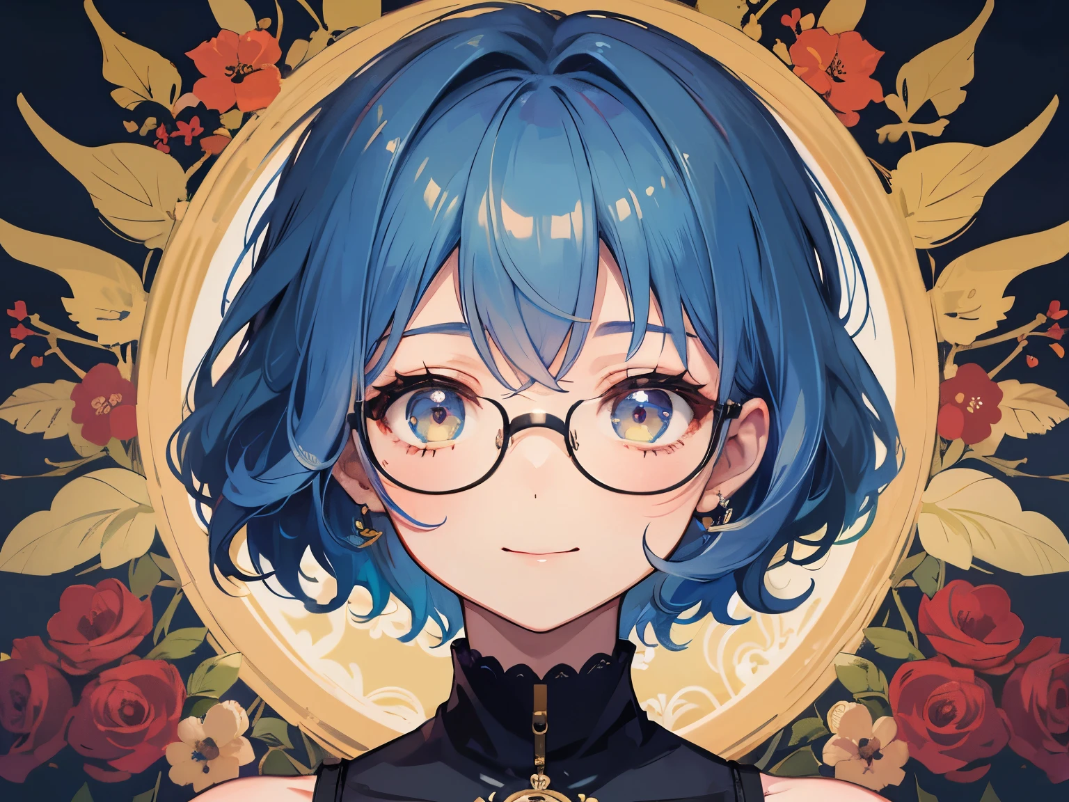 (( Best Quality)), ((masterpiece)), (  Details),  wallpaper、Very  Details 、(((Very  Details な目と顔)))、masterpiece、Best Quality、 To  Details、 Movement angle 、  bright color、smile、whole body、Please face the audience。、 short hair、Blue Hair Color、 curly hair 、40 years old、Delicate fingertips、  Black Turtleneck  、Glasses、  bright color, VERY BEAUTIFUL FLOWER  , dynamic, beautiful eyes,　There is one person　,　dynamic