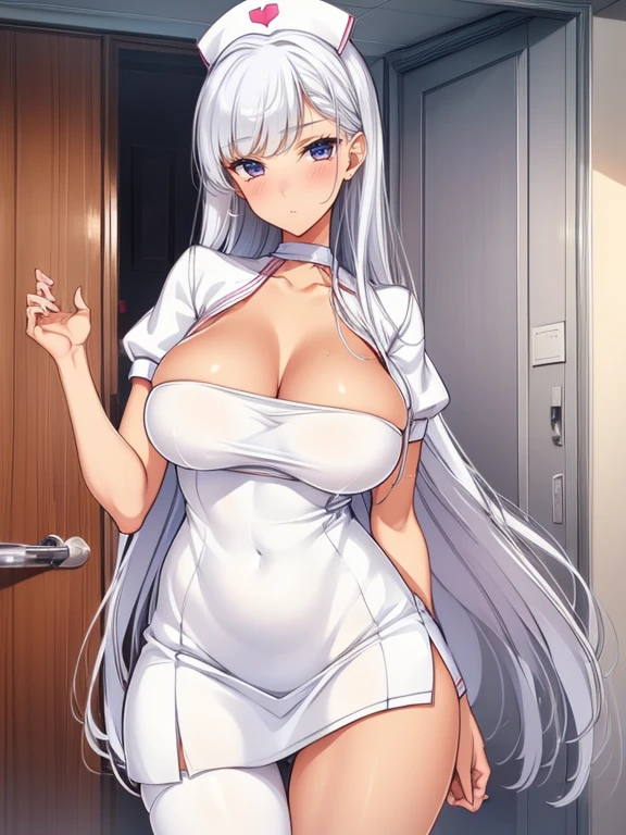 top-quality、Full limbs、complete fingers、1 beautiful woman,(ideal ratio body proportions:1.5), beautiful detailed face, perfect feminine face,mole under eye、sweat、Slender beauty、straight haired、silver hair、((white mini skirt Nurse Uniform))、(coverd nipples:0.9)、very skinny、cleavage、 nurse hat、White pantyhose、hospitals、Hospital Room、on Patient bed、(open the door:1.5),used condom、vulgarity、spoken heart、(tan:1.5)、