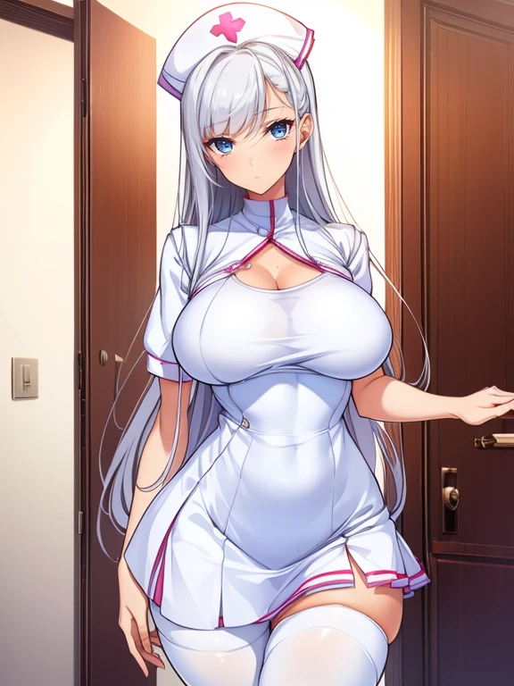 top-quality、Full limbs、complete fingers、1 beautiful woman,(ideal ratio body proportions:1.5), beautiful detailed face, perfect feminine face,mole under eye、sweat、Slender beauty、straight haired、silver hair、((white mini skirt Nurse Uniform))、(coverd nipples:0.9)、very skinny、cleavage、 nurse hat、White pantyhose、hospitals、Hospital Room、on Patient bed、(open the door:1.5),used condom、vulgarity、spoken heart、(tan:1.5)、