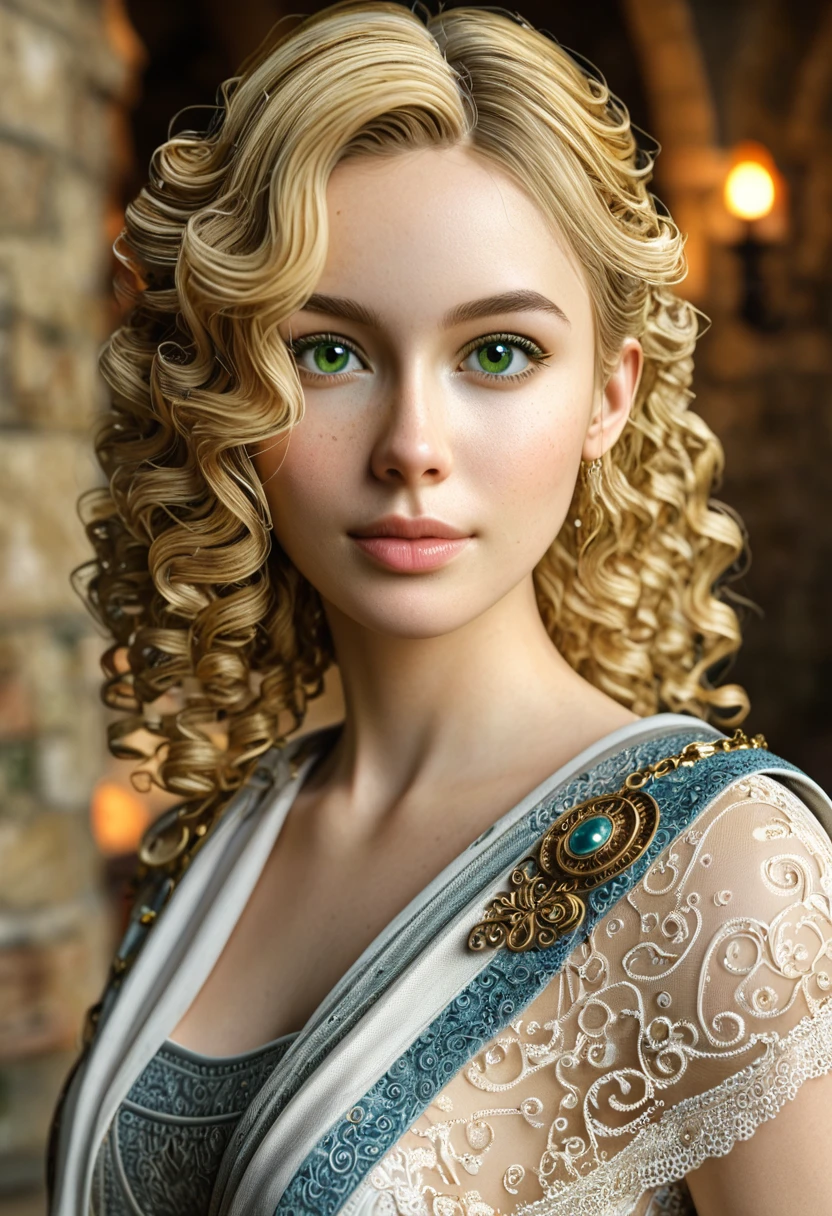 1girl, masterpiece, best quality, 8k, detailed skin texture, detailed cloth texture, beautiful detailed face, intricate details, ultra detailed, a european girl, green eyes, blonde curly hai, 3D character, Medieval Knight