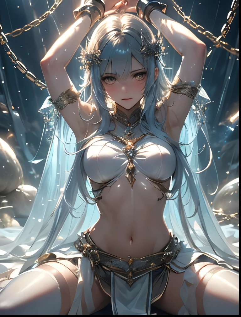 （（（ＳＦＷ、Precision、Highest quality、A first-class masterpiece、Normal body、8k、  Detailed Face 、Ultra-precision、 Normal hand、５refer to、Highest）））、Silver Hair Magical Girl、Big Breasts、 slender、Nipple erection、A pure and innocent magical girl who is neat, pretty, and still leaves a sense of emptiness, lost a battle and didn't hide her important points, was torn apart in an ultra-thin high-leg leatherard with transcendental erotic sparkling nipples and a super erotic transparent slit skirt costumes, forced to spread her legs, and was restrained by a large number of chains in a state where her hands were spread out, and suspended in the air so embarrassingly blushing and cliaking while panting