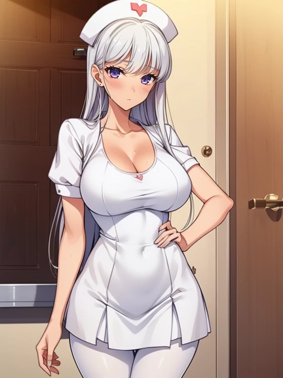 top-quality、Full limbs、complete fingers、1 beautiful woman,(ideal ratio body proportions:1.5), beautiful detailed face, perfect feminine face,mole under eye、sweat、Slender beauty、straight haired、silver hair、((white mini skirt Nurse Uniform))、(coverd nipples:0.9)、very skinny、cleavage、 nurse hat、White pantyhose、hospitals、Hospital Room、on Patient bed、(open the door:1.5),used condom、vulgarity、spoken heart、(tan:1.5)、