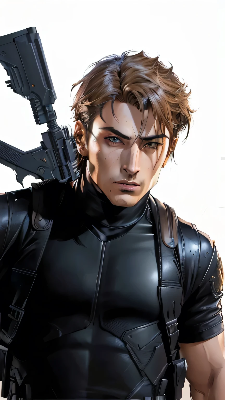 arafed image of aman in a black leather outfit holding a gun, highly detailed exquisite fanart, realistic artstyle, high quality fanart, [ 4 k digital art ]!!, realistic anime artstyle, inspired in leon s Kennedy, leon s Kennedy badass anime 8 k, realism artstyle, anime realism style, portrait jungkook from bts, range murata and artgerm, fanart best artstation