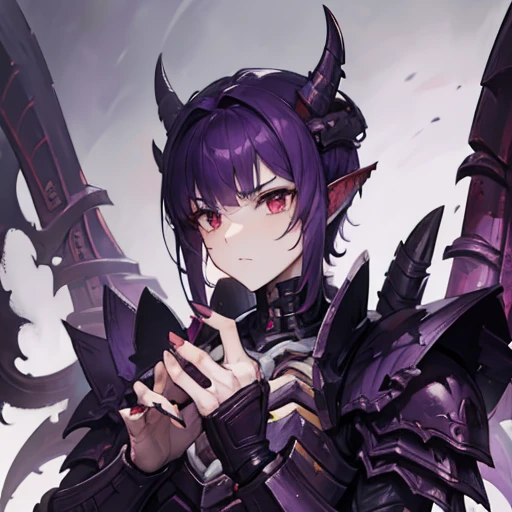 1male, high res, high detail, masterpiece, dark and  purple and white exoskeleton, tyranid, warhammer 40k, human face, bug hybrid, red eyes, white skin, dark purple head crest, purple hair, long tail with a stinger, spikes, claws, boy,  perfect face, perfect hands, , destroyed city background, male, king, boy, 