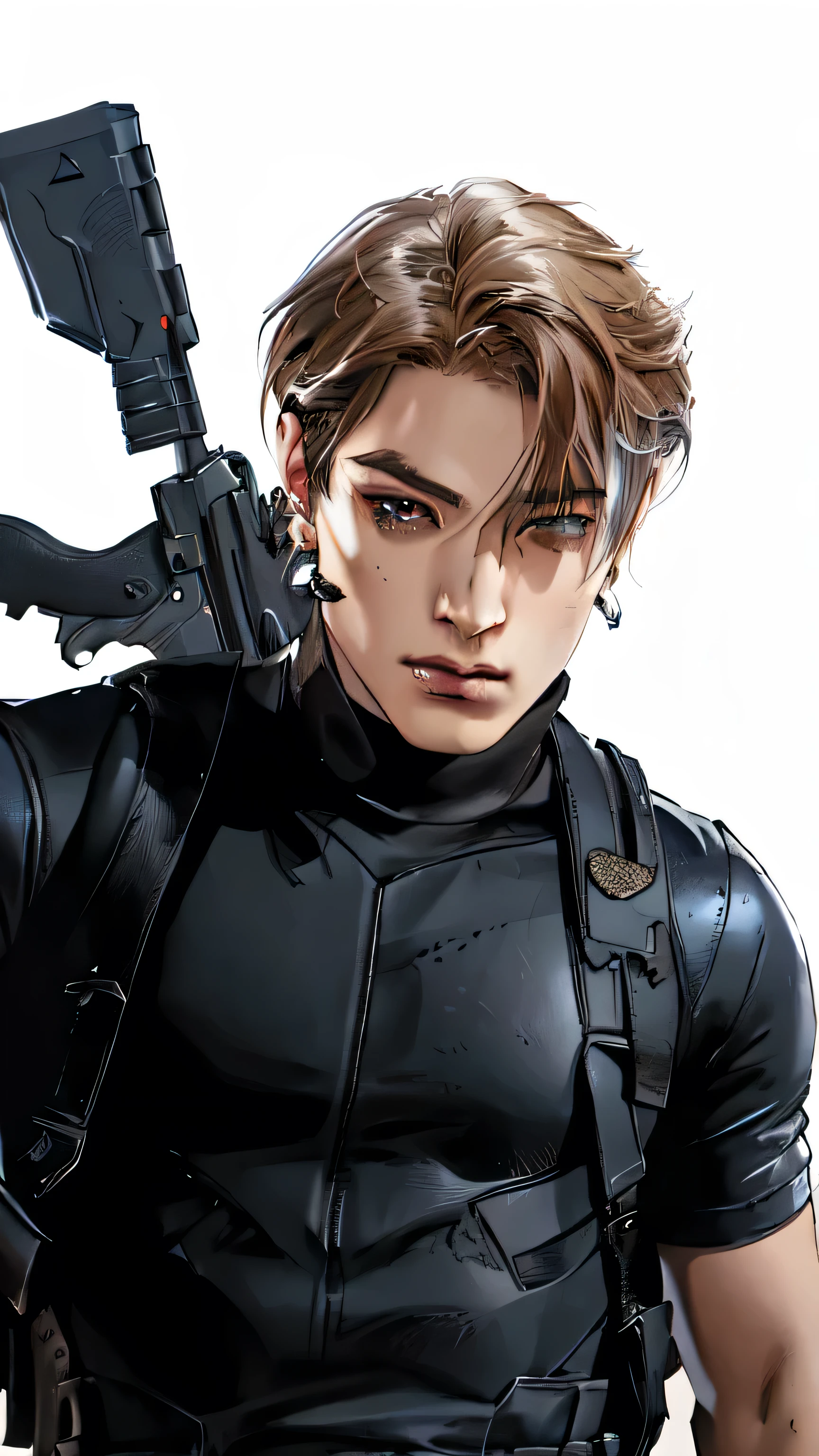 arafed image of aman in a black leather outfit holding a gun, highly detailed exquisite fanart, realistic artstyle, high quality fanart, [ 4 k digital art ]!!, realistic anime artstyle, inspired in leon s Kennedy, leon s Kennedy badass anime 8 k, realism artstyle, anime realism style, portrait jungkook from bts, range murata and artgerm, fanart best artstation