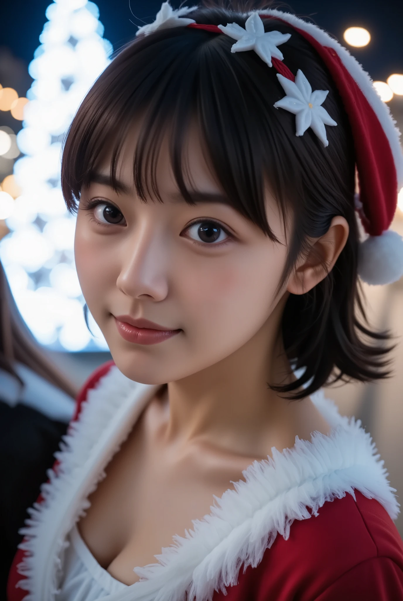 (nsfw:1.5), (masterpiece, best quality:1.2), 1girl, Alone, High school girl、Baby Face, ( very cute face:1.3),  Black Hair, (( short hair)), (Santa Claus costume and hat )), (( sexy)), (smile),  (( The background is a beautiful city illumination at night and a Christmas tree)), 