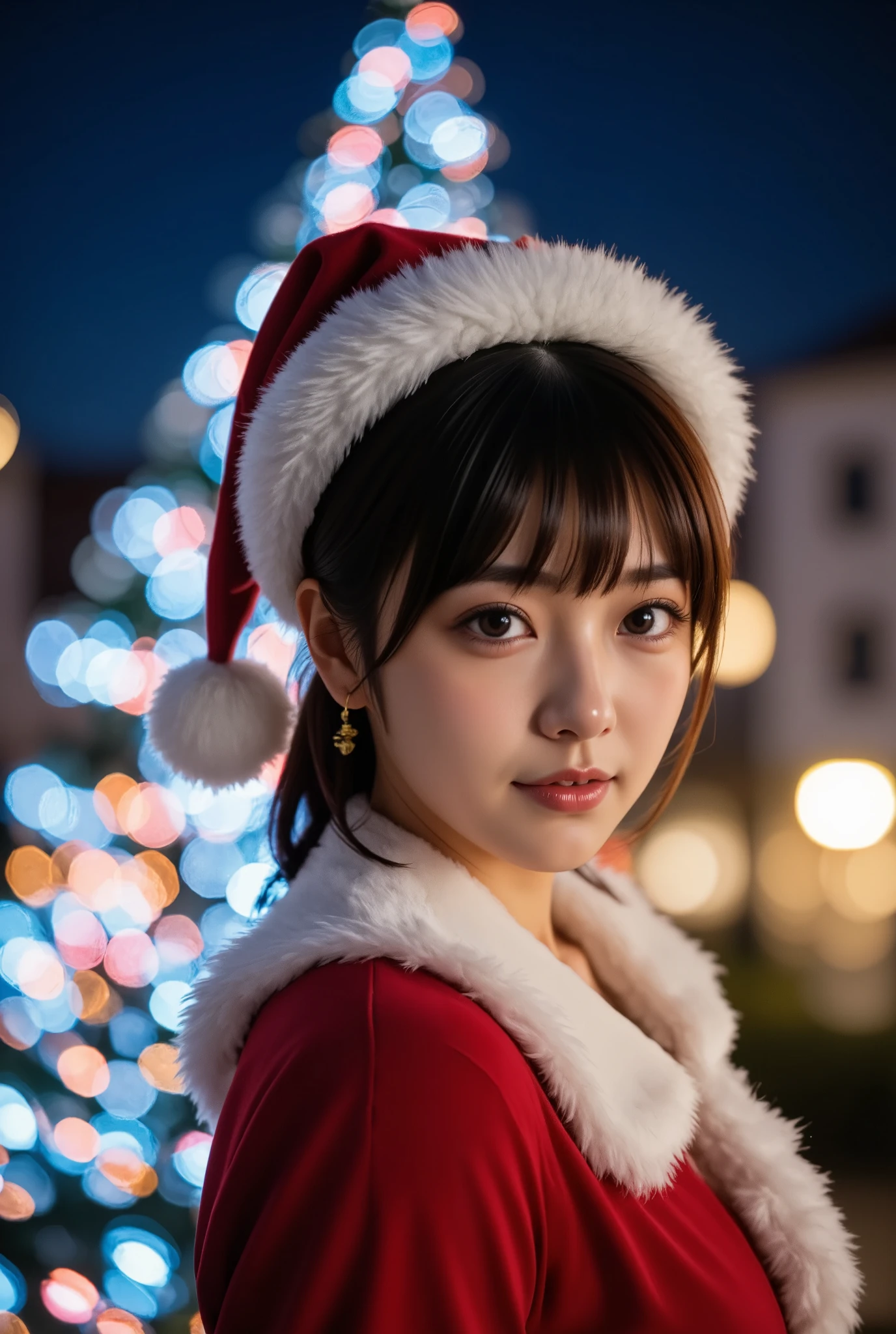 (nsfw:1.5), (masterpiece, best quality:1.2), 1girl, Alone, High school girl、Baby Face, ( very cute face:1.3),  Black Hair, (( short hair)), (Santa Claus costume and hat )), (( sexy)), (smile),  (( The background is a beautiful city illumination at night and a Christmas tree)), 