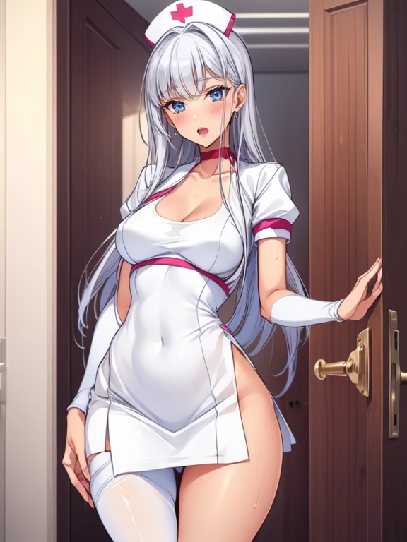 top-quality、Full limbs、complete fingers、1 beautiful woman,(ideal ratio body proportions:1.5), beautiful detailed face, perfect feminine face,mole under eye、sweat、Slender beauty、straight haired、silver hair、((white mini skirt Nurse Uniform))、(coverd nipples:0.9)、very skinny、cleavage、 nurse hat、White pantyhose、(hospitals、Hospital Room、on Patient bed)、(open the door:1.5),used condom、vulgarity、spoken heart、(tan:1.5)、(open mouth:1.2),