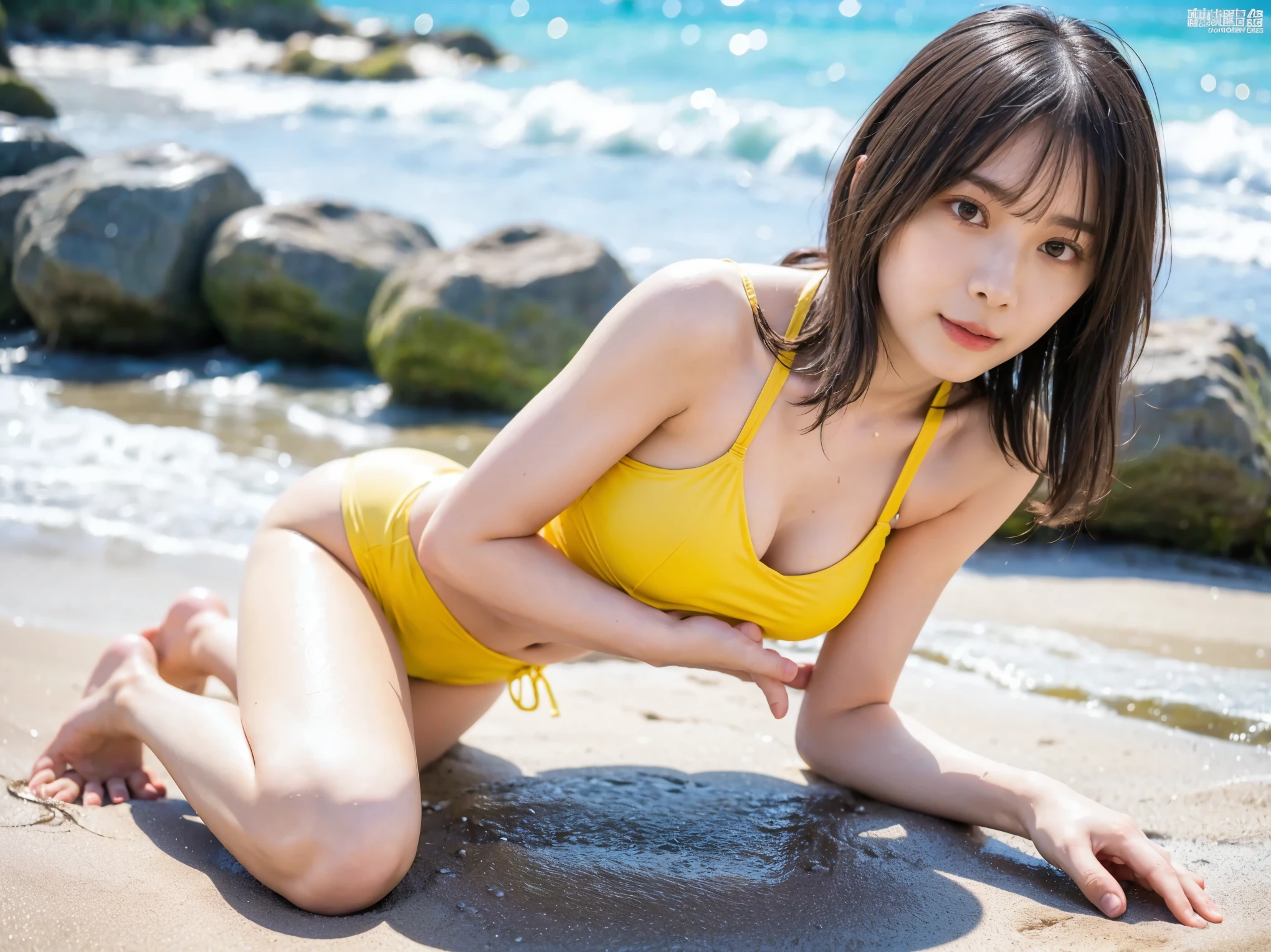 Best Quality、8,masterpiece、、 ultra high resolution、( photorealistic :1.4)、Original photo、 1 girl、 dark brown hair with medium hair、Healthy tanned skin、 wet body、drama、 is showing the whole body、( there are women standing on all fours at the beach , and stick your buttocks out:1.2))Bikini with cute pattern、,araffe woman in a Yellow Bikini standing in the water, Yellow Bikini, ゴージャスなBikini Model, model with Attractive body, Bikini Model,Yellow Bikini, Swimsuit model, 2  female model, Yellow swimsuit, young Swimsuit model,  Shiny Plastic Bikinis ,  Japanese model,  WEAR SPANDEX BIKINI , Pee Bikini,, Attractive body, Wet swimsuit,  Sexy Young Women 