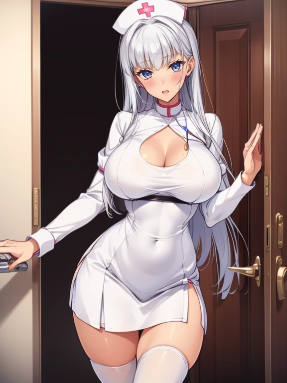 top-quality、Full limbs、complete fingers、1 beautiful woman,(ideal ratio body proportions:1.5), beautiful detailed face, perfect feminine face,mole under eye、sweat、Slender beauty、straight haired、silver hair、((white mini skirt Nurse Uniform))、(coverd nipples:0.9)、very skinny、cleavage、 nurse hat、White pantyhose、(hospitals、Hospital Room、on Patient bed)、(open the door:1.5),used condom、vulgarity、spoken heart、(tan:1.5)、(open mouth:1.2),