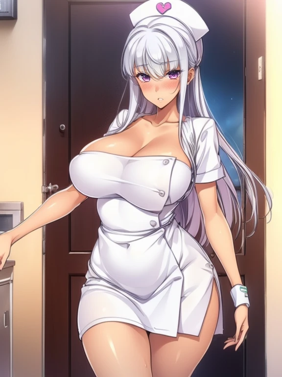 top-quality、Full limbs、complete fingers、1 beautiful woman,(ideal ratio body proportions:1.5), beautiful detailed face, perfect feminine face,mole under eye、sweat、Slender beauty、straight haired、silver hair、((white mini skirt Nurse Uniform))、(coverd nipples:0.9)、very skinny、cleavage、 nurse hat、White pantyhose、(hospitals、Hospital Room、on Patient bed:1.1)、(open the door:1.5),used condom、vulgarity、spoken heart、(tan:1.5)、(open mouth:1.2),