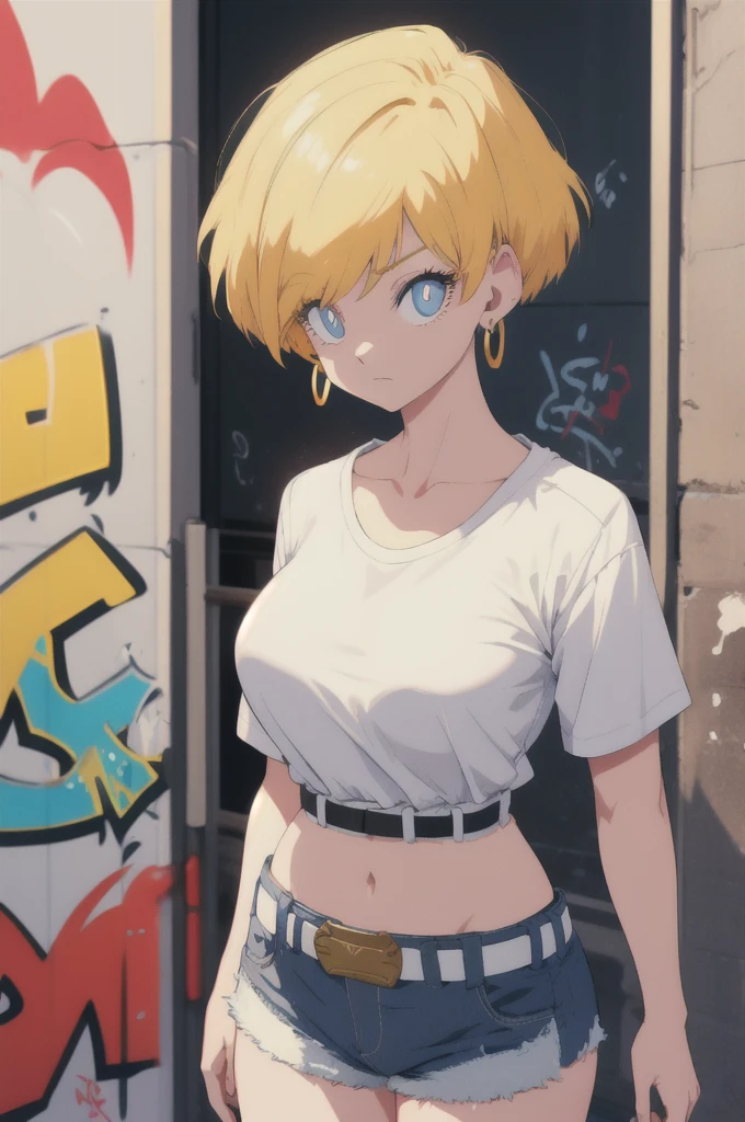 masterpiece, best quality, erasa, blonde hair, earrings, large breasts, white shirt, denim shorts, belt, standing, graffiti, big eyes, light in eyes, closeup of eyes, straight face,