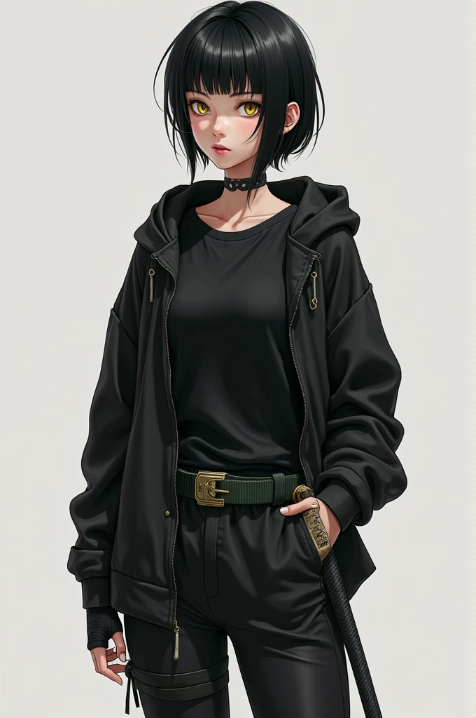 Catherine is a  girl, an open black sweatshirt, a long-sleeved black shirt, black fingerless gloves, black and white Converse All Star sneakers, black socks, black hair, shorter on the left side and longer on the right, yellow eyes, she also wears a katana sheath on her waist, she wears a dark green belt, she is 1.80 is also very in personality, despite being skinny she has a wasp waist and looks a bit shy, she has nice curves