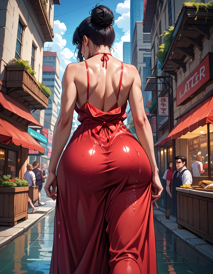 Women (Yor Forger) attractive character zero two in a very revealing dress .   athletic body  .   wide hips.   perfect huge round ass  .  Fabric deep inside her butt  . loose dress. wet.   back view . Have finished .  The loincloths disappear inside her butt ,  she is in a city black hair her eyes are red
