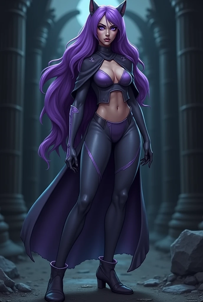 female, black long hair with magenta highlights, silver eyes, black wolf ears, black wolf tail (((1girl))), (((black metal armor))), (black pants), (black metal gauntlets), (black metal heeled boots), (magenta cape), cute and sexy, full body, large breasts, large butt, long legs, smiling