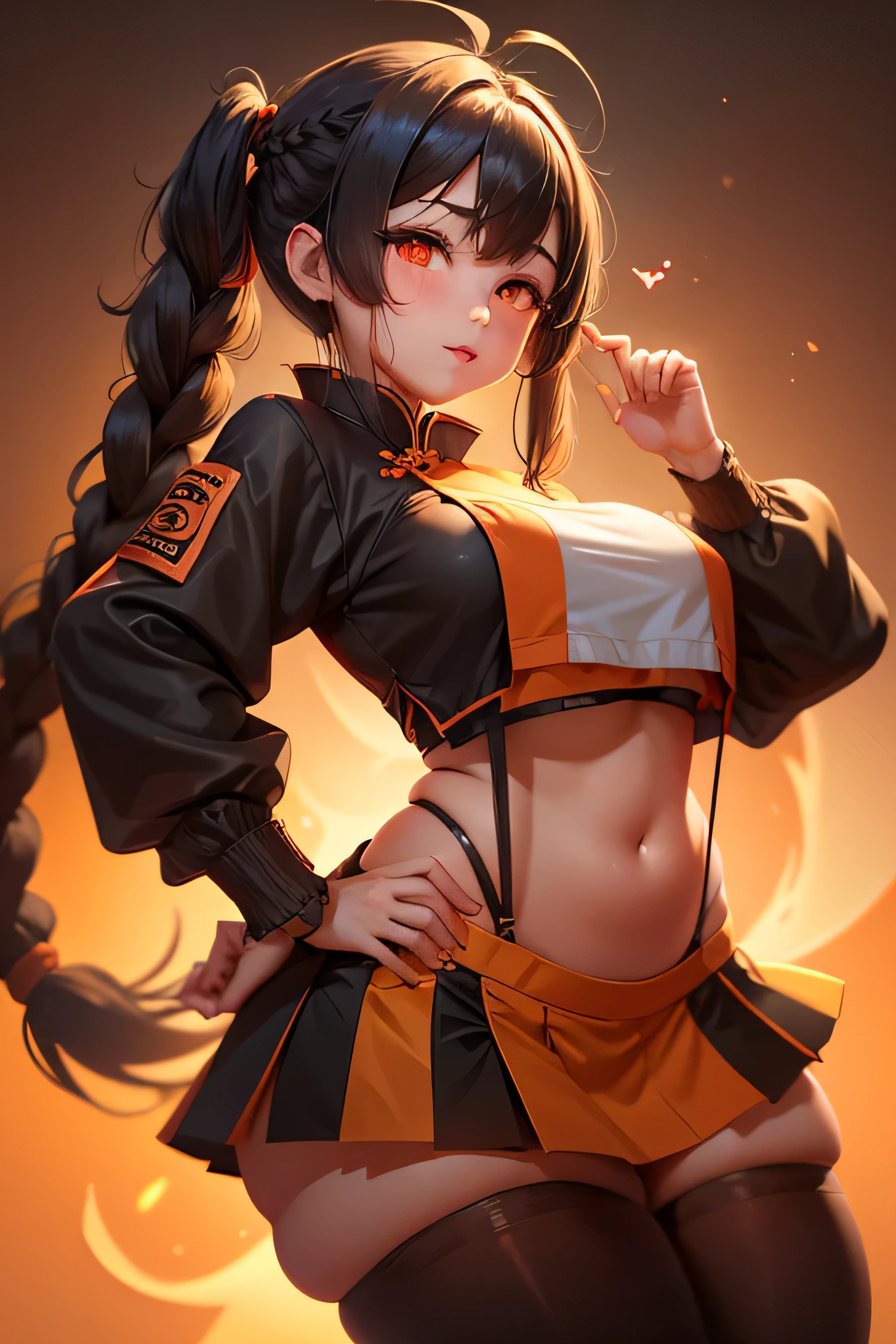 Chinese girl, medium breast, black hair, twintail hairstyle, braided hair, (very tiny), orange eyes, thick lips, big lips, 