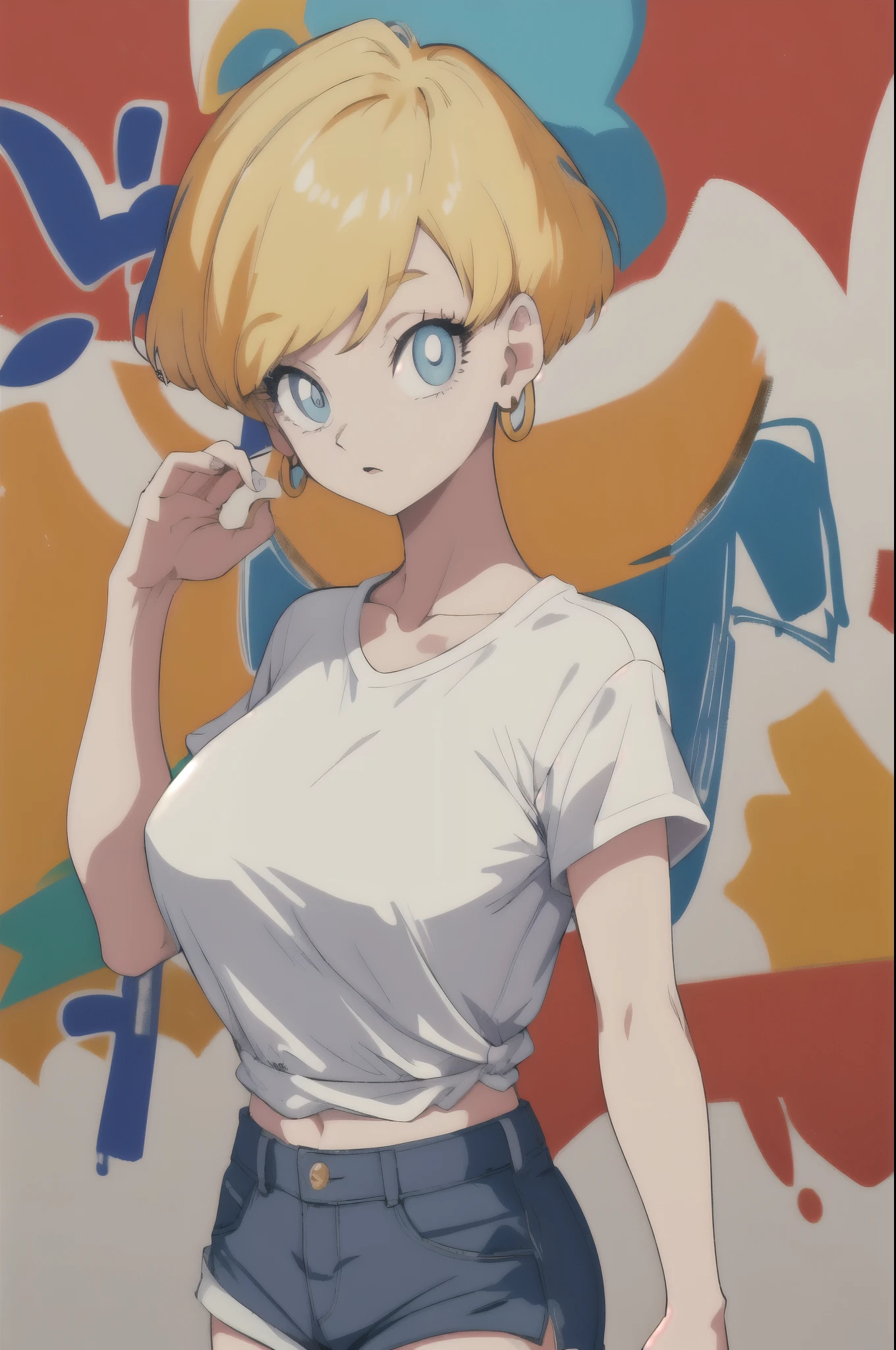 masterpiece, best quality, erasa, blonde hair, earrings, large breasts, white shirt, denim shorts, shirt tucked in shorts, standing, graffiti, big eyes, light in eyes, closeup of eyes, 