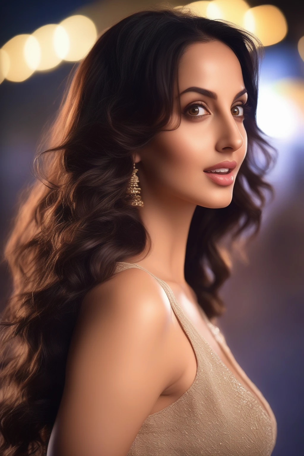 a professional portrait photo of a  27  year old  women,  with light brown eyes, black hair, highly detailed features, city bokeh background,  perfect eyes , nora fatehi  HORNY GIRL,HORNY GIRL,HORNY GIRL,HORNY GIRL,HORNY GIRL