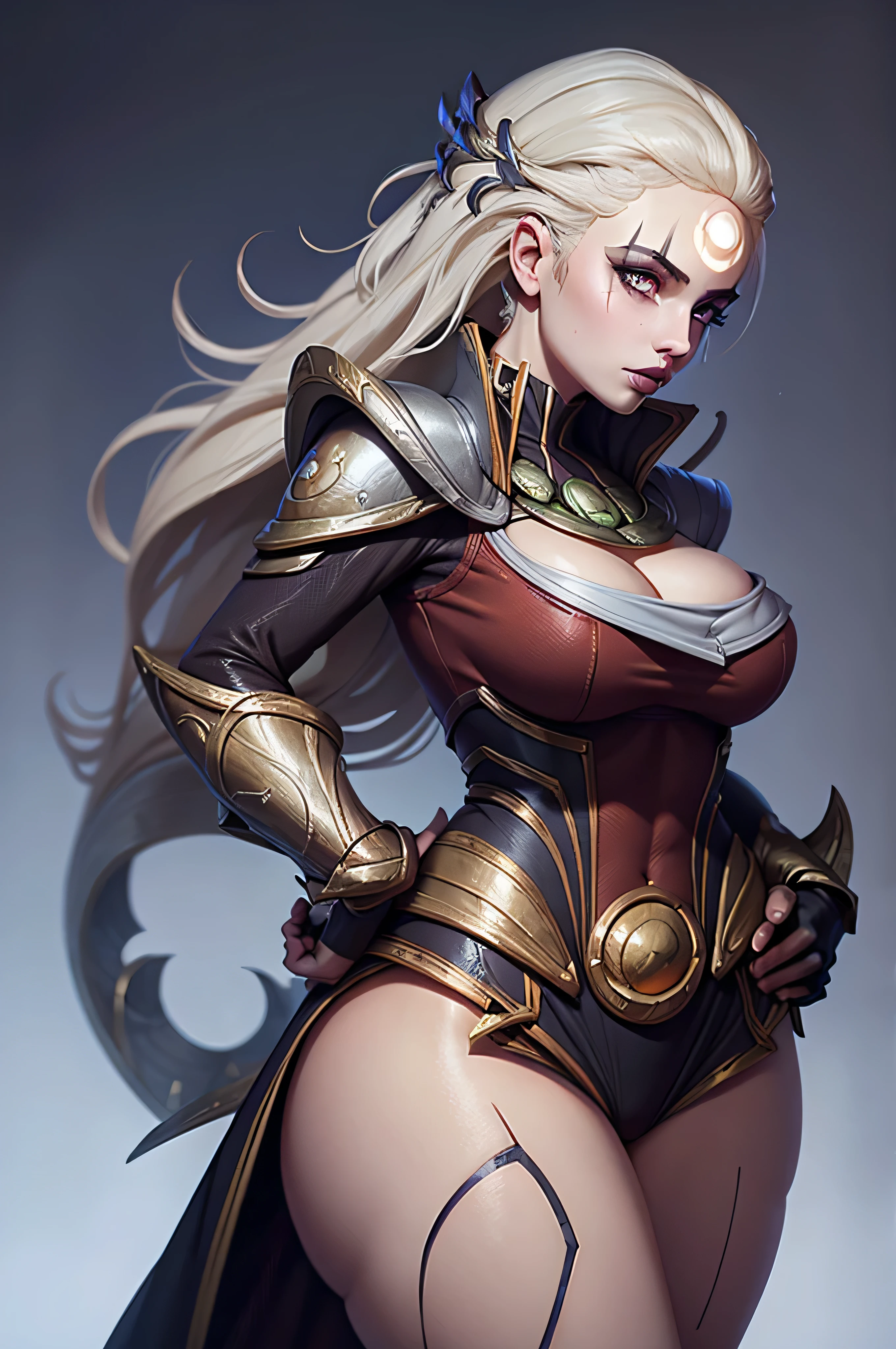 Diana, league of legends, medium breast, (very tiny body), orange eyes, thick lips, big lips, cleavage, spear,