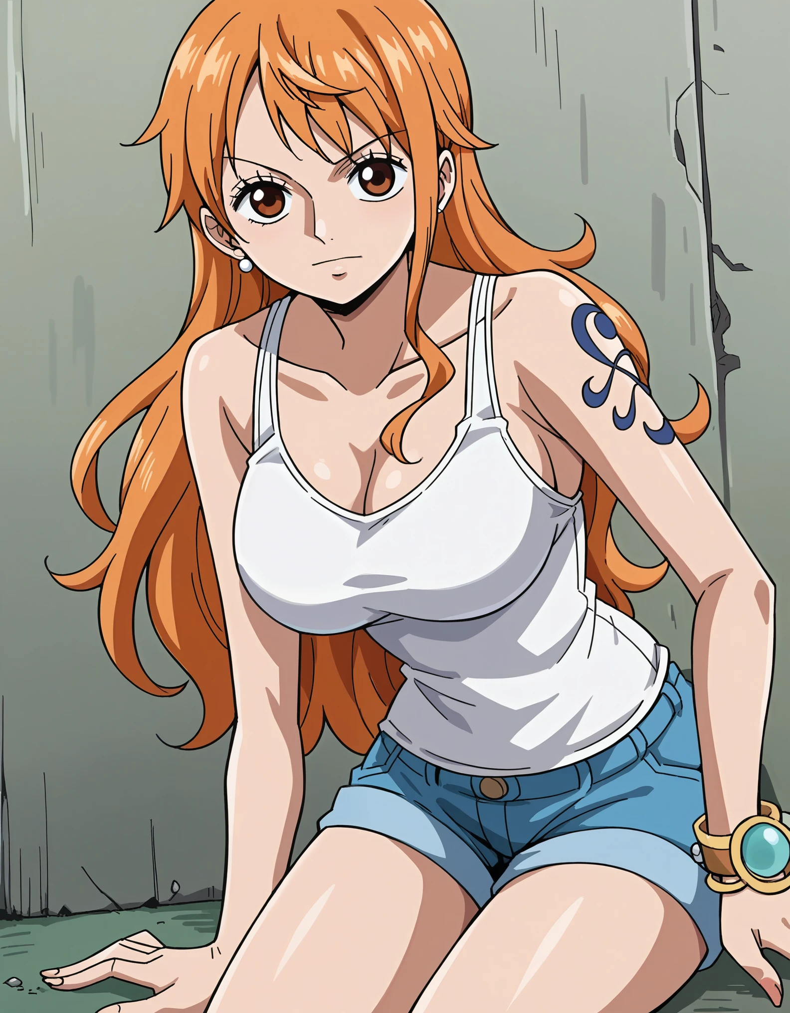 score_9_up, best quality, source_anime, 1girl, anime, Nami, orange hair, sexy, looking at the viewer, WHITE tank SHIRT, arms, shorts, big shoulders
