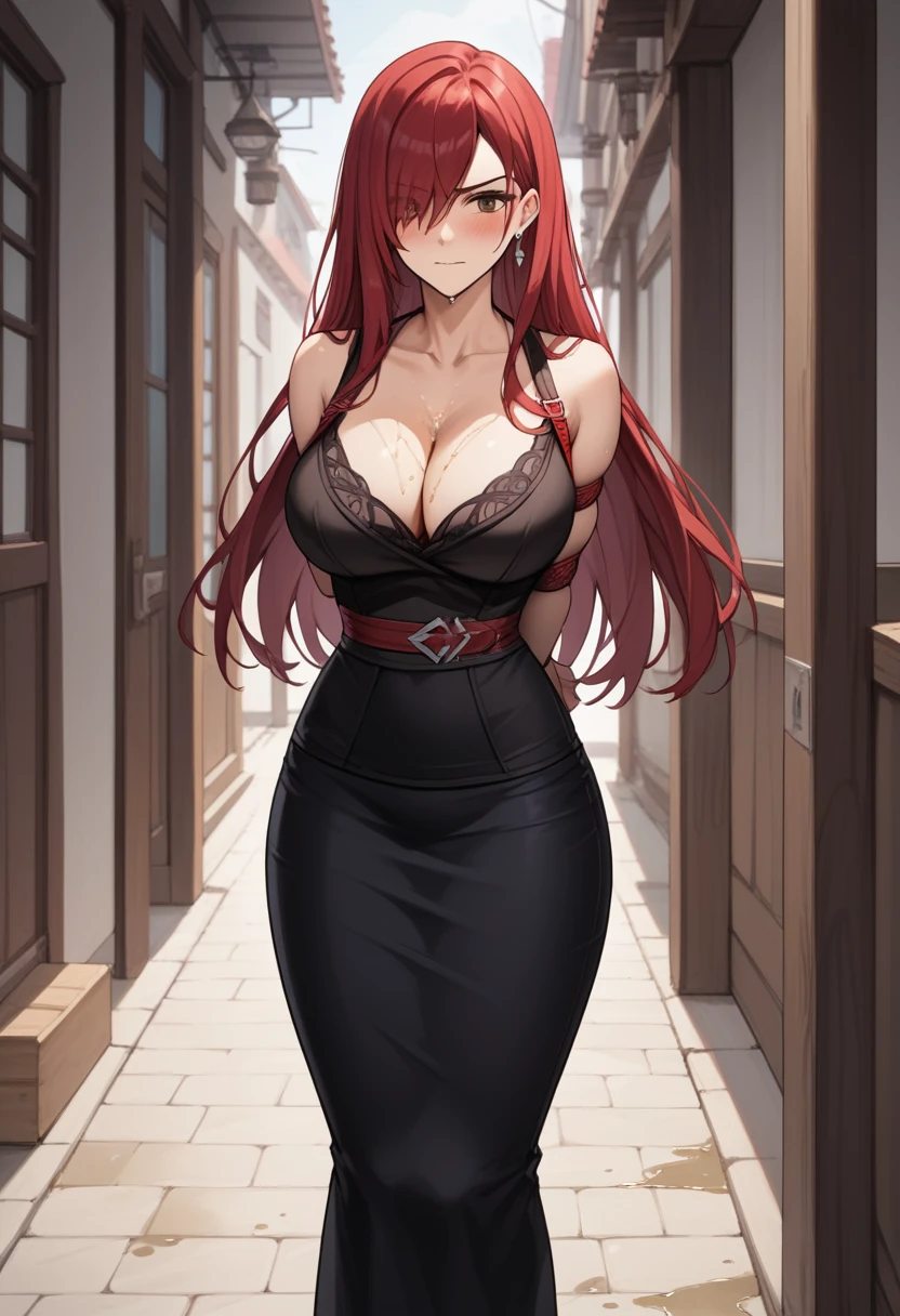 (high quality,Very detailed:1.37, High resolution), 2d, anime, anime style, anime source, Woman, Erza, red hair, dress, extremely long skirt, (pencil skirt:1.25), cleavage, hair over one eye, large breasts, long hair, looking at viewer, brown eyes, masterpiece, best quality, (wetting herself:2.0), embarrassed, humiliation, blushing, standing, (arms behind back:1.5), bondage, bound