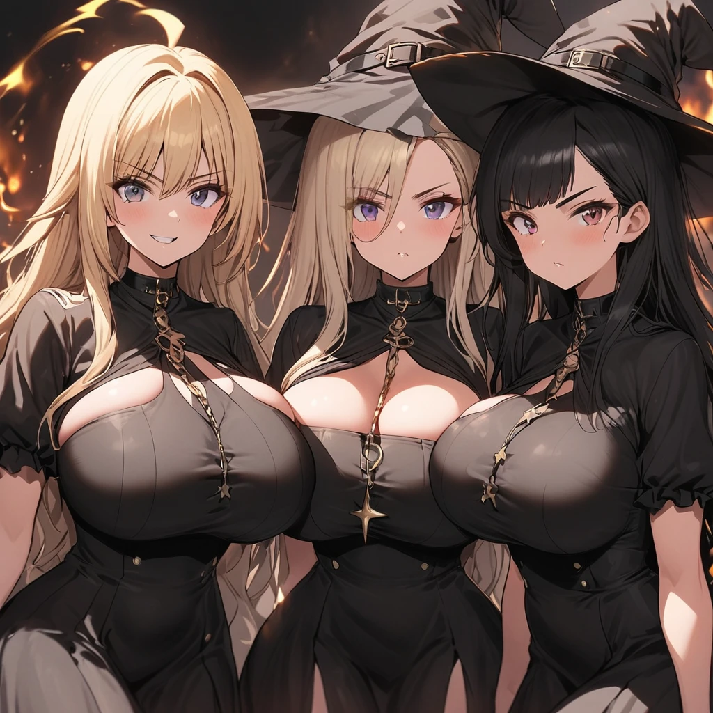 Anime, 3 girls, long hair, Blondies, curvy body, big breasts, posing together, Wearing pop witch's clothes, witch's hat, serious (( nonchalant)), flaring aura