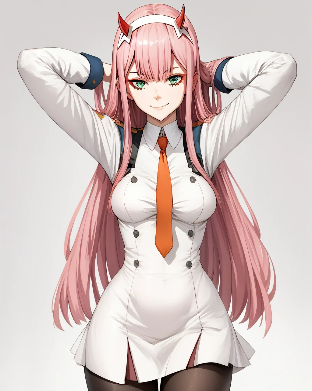 masterpiece, best qualityï¼ 1girl, solo, zero_two_\(darling_in_the_franxx\), long_hair, horns, pink_hair, pantyhose, breasts, hairband, smile, looking_at_viewer, black_pantyhose, medium_breasts, white_hairband, simple_background, arms_behind_head, arms_up, bangs, green_eyes, dress, closed_mouth, red_horns, uniform, red_dress, very_long_hair, straight_hair, standing, necktie