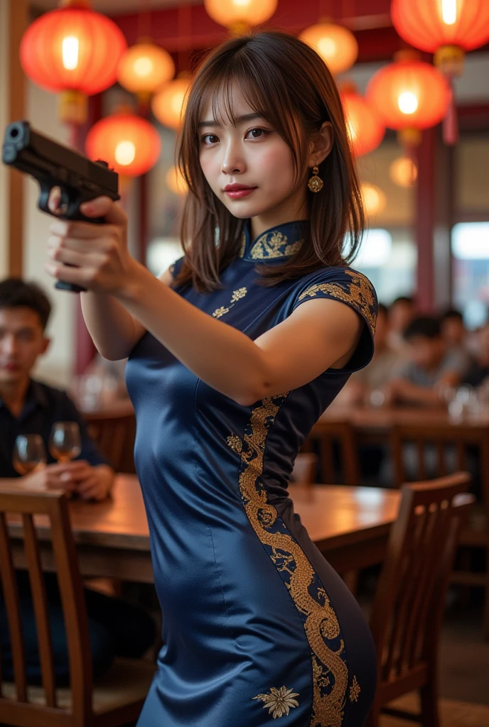 Perfect composition, Proper placement, Golden Ratio,  above the knee:1.21,  is standing:1.21, Realistic, from side:1.21,  sharp concentration,  stunning realism , Holding a pistol, Pointing a pistol, 拒食症の痩せた Beautiful Japanese Women:1.6,  Browse Viewers,  Beautiful Japanese Women, Smiling Japanese woman,  sexy woman, Slender body:1.21,  anatomically correct ratio :1.21,  has a small head:1.21, (( Commitment to quality :1.21)), (tired, Sleepy and satisfied:0.0), (Beautiful Lips:1.33), (Great nose:1.2), Detailed lips:1.21, (Long eyeliner), ( pink IP stick :0.95), Her skin is wet with sweat , (( flat chest:1.37)), Chinese traditional clothing, Navy blue tight Chinese dress:1.21,  The dress has a majestic dragon pattern:1.21,  big earrings that reach the wall, Light brown hair,  wavy hair :1.21, Realistic skin texture, A large restaurant in Shanghai, A huge restaurant crowded with customers, Crowded with Customers , Emotional and dynamic cinematic lighting, Viewer discretion advised,