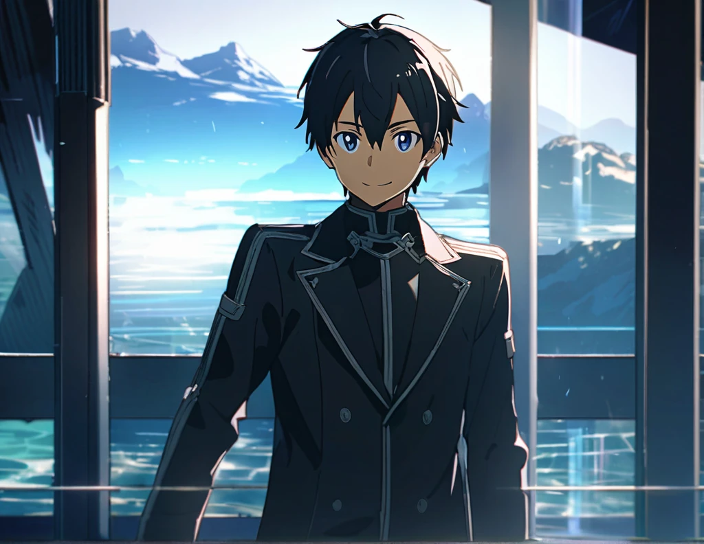 masterpiece, Best Quality, 8k, ((1 male, Alone, male focus, Confident,)), Beautiful ocean glass room , Best Quality, Kirito, anime style cool guy, Sword Art Online, black slim armor, black trench coat, 1boy, looking at viewer, standing, thinking, smiling, upper body, ultra-detailed, Simple background, high quality, high resolution,,very evill smile,very short hair,clothes are all black, A Face That Exudes Meanness and Cunning has a realistic live-action feel,