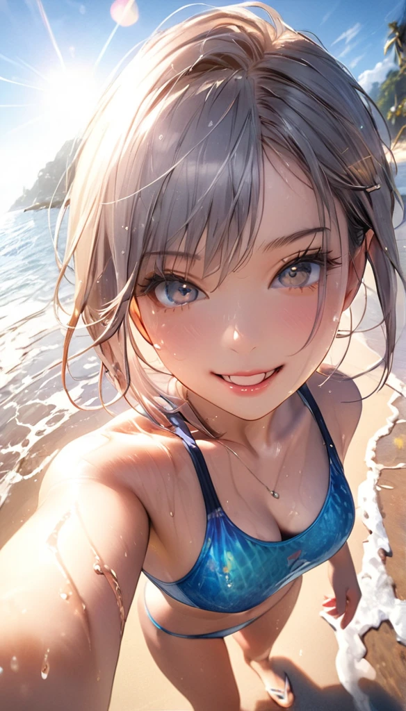 Highest quality、Realistic、girl、zoom、cute、Grey Eyes、Chestnut Hair、Back to all、the forehead is protruding、Light blue swimsuit、Ocean、Looking down、Big smile、Bust Shot、slender