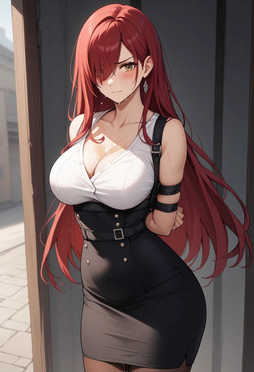 (high quality,Very detailed:1.37, High resolution), 2d, anime, anime style, anime source, Woman, Erza, red hair, dress, extremely long skirt, (pencil skirt:1.25), cleavage, hair over one eye, large breasts, long hair, looking at viewer, brown eyes, masterpiece, best quality, (wetting herself:2.0), embarrassed, humiliation, blushing, standing, (arms behind back:1.5), bondage, bound