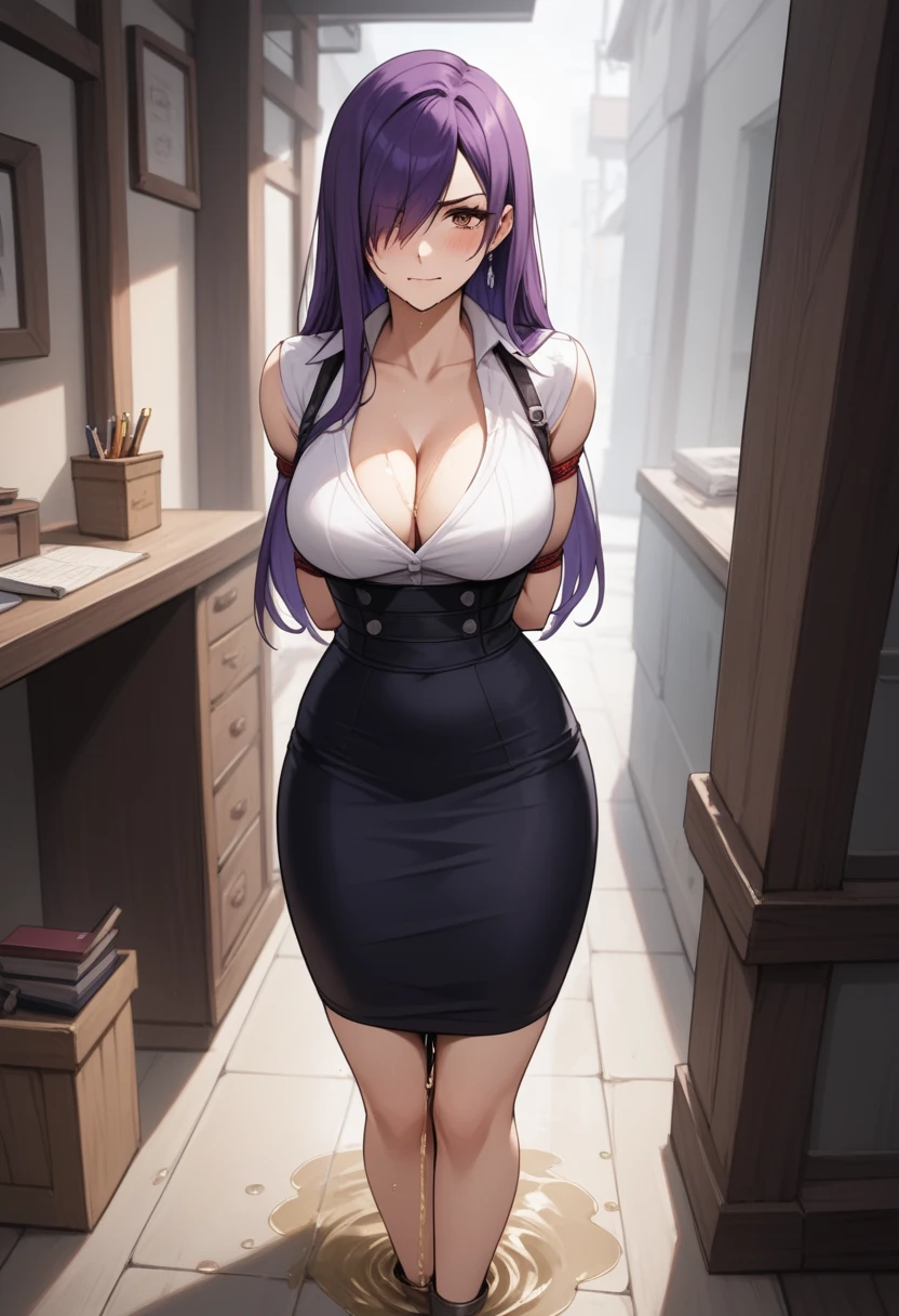 (high quality,Very detailed:1.37, High resolution), 2d, anime, anime style, anime source, Woman, Erza, dark purple hair, dress, extremely long skirt, (pencil skirt:1.25), cleavage, hair over one eye, large breasts, long hair, looking at viewer, brown eyes, masterpiece, best quality, (wetting herself:2.0), embarrassed, humiliation, blushing, standing, (arms behind back:1.5), bondage, bound