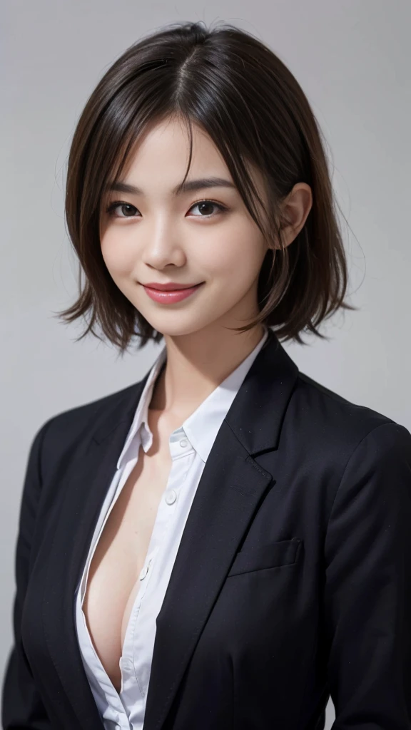 ((masterpiece)), ((Highest quality)), ((Complex)), ((Surreal)), (Realistic), (Mature Woman), ((There are no classes)), Very detailed, (1 female), Beautiful and exquisite, (Beautiful Teeth), Grin, Brunette Bob Hair, Brown eyes, ((blouse)), (Upper Body), (background:none), Perfect Eyes, Captivating eyes, Looking at the audience