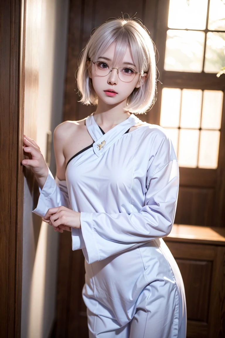 panel anime  :   girl,   white skin,   purple eyes ,   short wavy white hair,   I'm wearing glasses  ,  formal clothes  ,nsfw, 