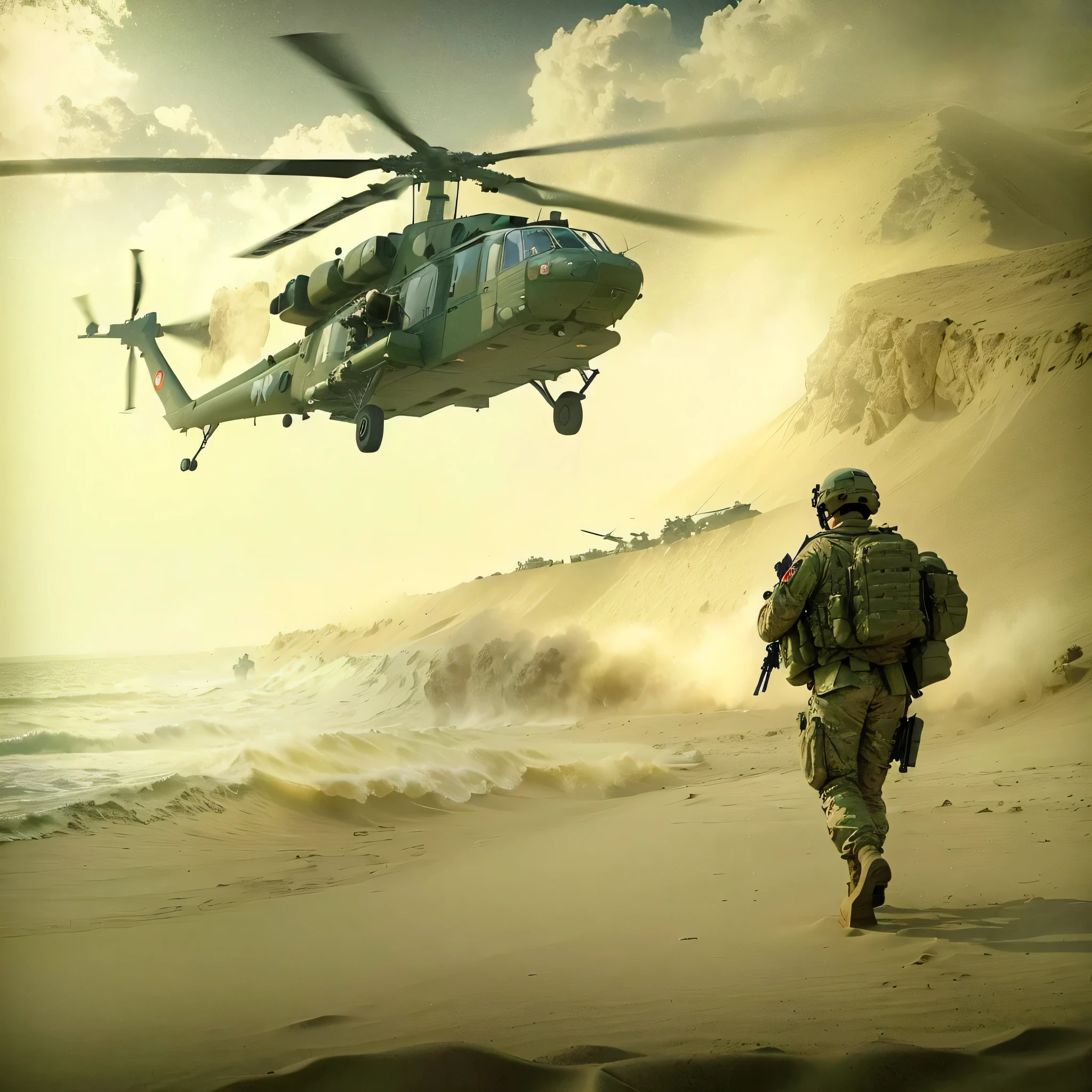 soldiers are walking in the sand near a helicopter flying over the ocean, military art, military photography, us army, combat and adventure photography, air support, wallpaper mobile, mobile wallpaper, by Artur Tarnowski, soldier, army, scene!!, helicopter, by January Suchodolski, award winning shot, helicopters, award-winning shot