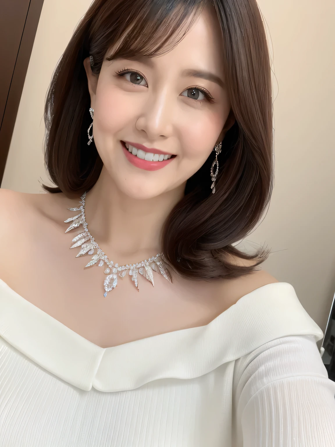 (Solo:1.3),8K, Best quality, Masterpiece, Realistic, Super detail, f/1.2, 85mm, Nikon, Smiling woman with shiny hair, Natural makeup, 50 years old woman, white off-shoulder tops，Ruffled sleeves, Diamond pendant necklace, Emphasize chest, waist shot,