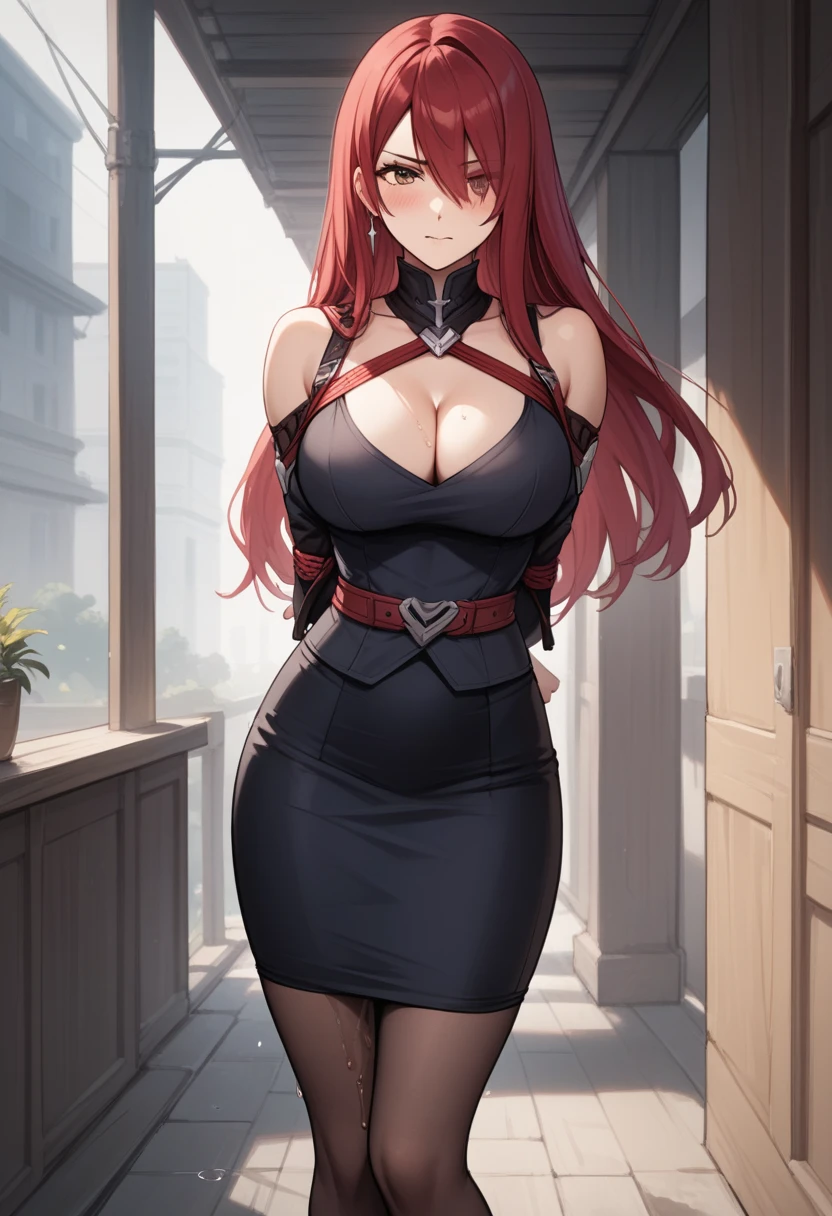 (high quality,Very detailed:1.37, High resolution), 2d, anime, anime style, anime source, Woman, Erza, red hair, dress, extremely long skirt, (pencil skirt:1.25), cleavage, hair over one eye, large breasts, long hair, looking at viewer, brown eyes, masterpiece, best quality, (wetting herself:1.5), embarrassed, humiliation, blushing, standing, (arms behind back:1.5), bondage, bound