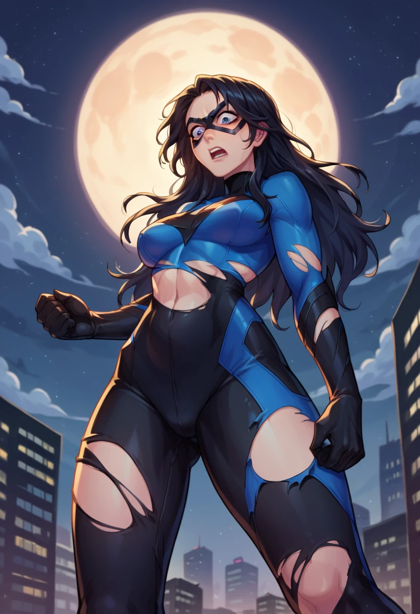 score_9, score_8_up, score_7_up, 1girl, solo, genderswap \(mtf\), Nightwing, (torn clothes:1.5),long hair, black hair, gloves, mask, black bodysuit, superhero, blue bodysuit, domino mask, standing, scared, looking down, night, city background, 