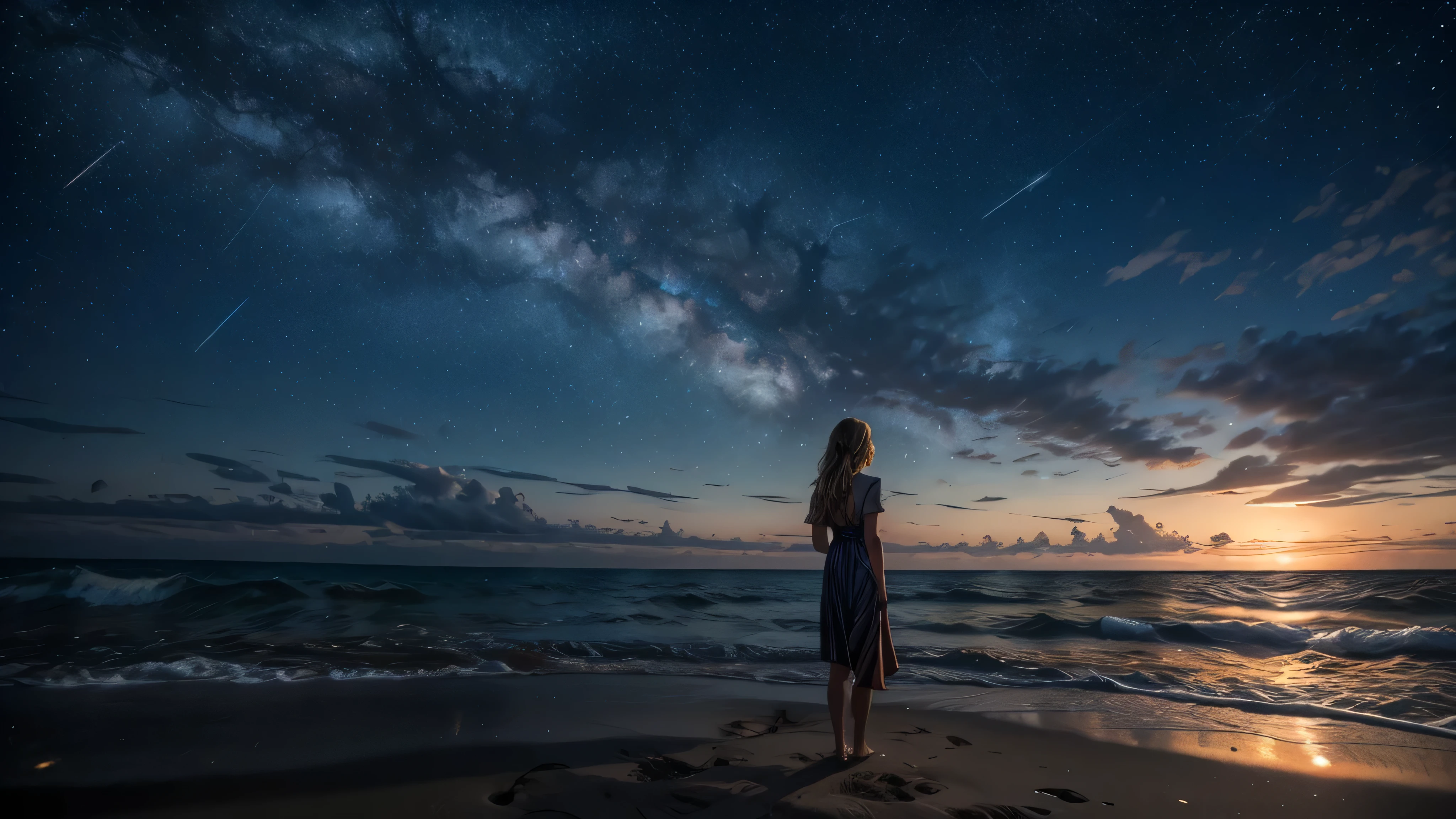 Starry sky, sound of waves, fireflies, slow beat, woman standing on the beach