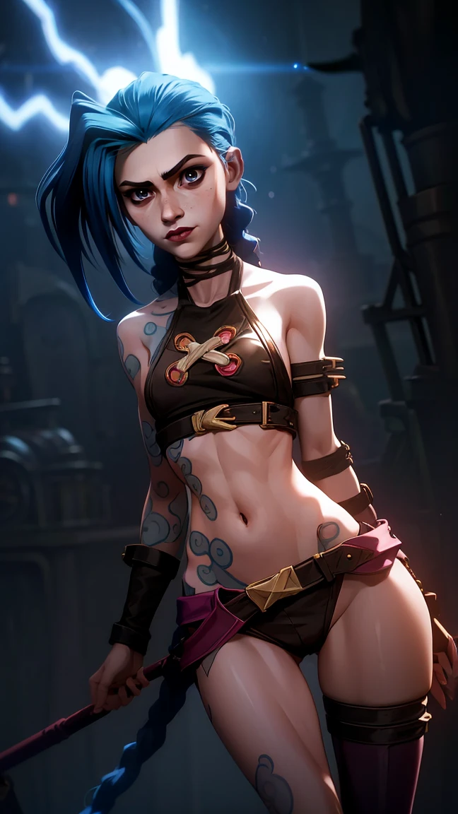jinx аркано, uma mulher com blue hair e tatuagens, Cyberpunk женщина аниме женщина, trousers, Красивая злая богиня Cyberpunkа, арт-стиль Cyberpunk, Cyberpunk аниме цифровое искусство, cyberpunk anime art, secret jinx Retrato, cyberpunk anime art, искусство на тему Cyberpunkа, Cyberpunk, dark fantasy, mysterious style, 1 girl, Cloud tattoo on arm, asymmetrical bangs, Band, blue hair, blue pigtails, brown shirt, Tattoo cloud, laterally, blue hair, long hair, pink eyes, Red lips, standing , Tattoo cloud, double braids. jinx de arcano. jinx em um lugar em chamas, a spark, spheres of light, movie poster, jinx, secret\(League of Legends\