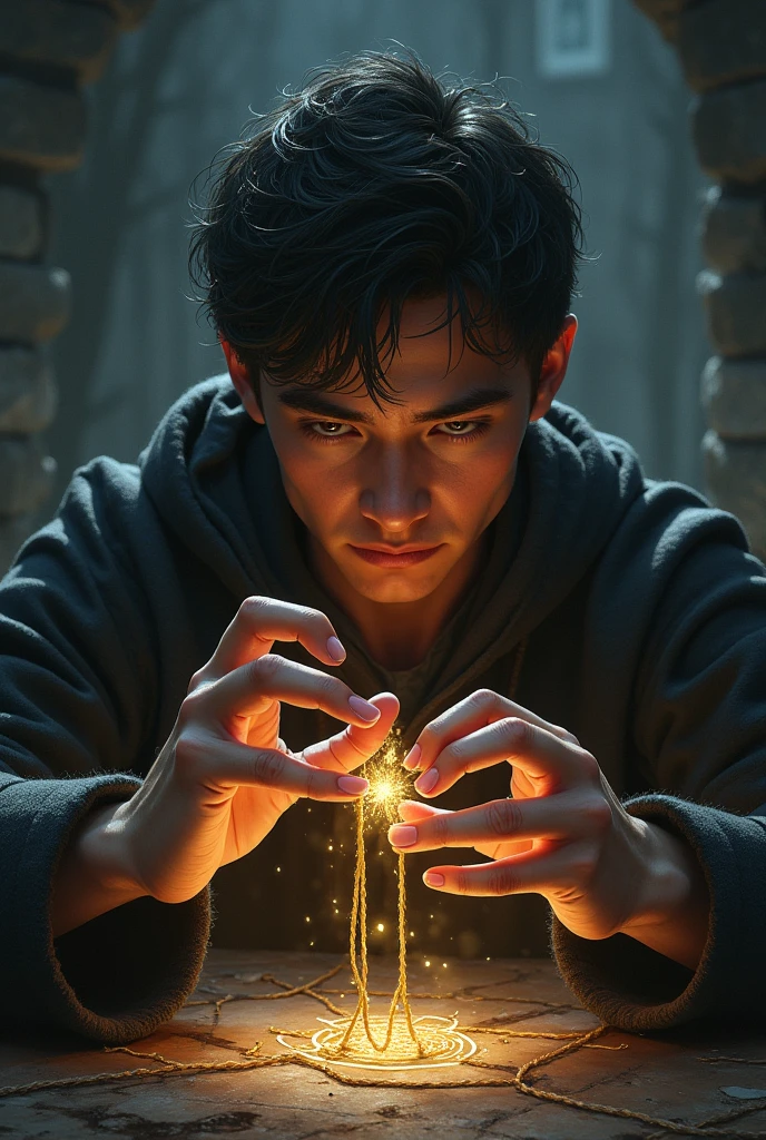 A senior teenager boy holding some shadow creatures with mythic powers and his face is half covered 