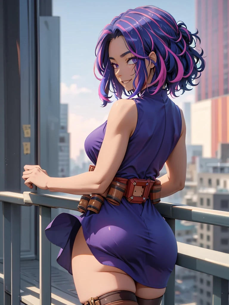 score_9, score_8_up, score_7_up, score_6_up, anime source, anime style,
n4g4nt, 1girl, solo, purple hair, purple eyes, multicolored hair, streaked hair, short hair, two-tone hair, pink hair , 
belt, bare shoulders, purple dress, sleeveless dress, purple thighhighs, 
large breasts, from behind, ass, seductive smile, parted lips, eyelashes, 
city background,