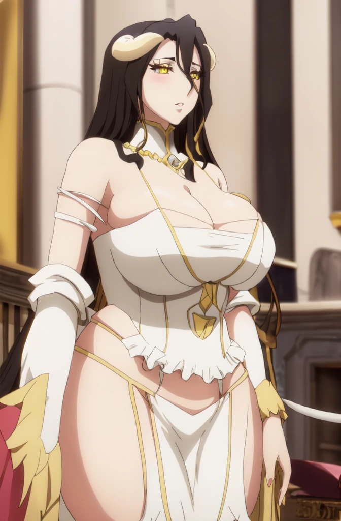 Albedo,Overlord,Big breast,busty and sultry,Cleavage,corset dress,Enchanced big breast,((eyeshadow)),((lipstic)),Curvy figure,Jewel earring,thin long sleeve Pink dress,((golden colored eyes)),((cat eye)),jewel necklace,long nail,((Diamond wedding ring)),light blush,Detailed accesories,(((Gold colored hair))),Strapless,Thin eyebrow,Shoulder cloth,long gown,Nape visible,Short hair,Hyperdetail,Milf,Mature,Wavy hair